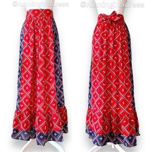 Vintage 70’s Prairie Maxi Skirt Blue & Red Calico Floral Print Ruffle Hem